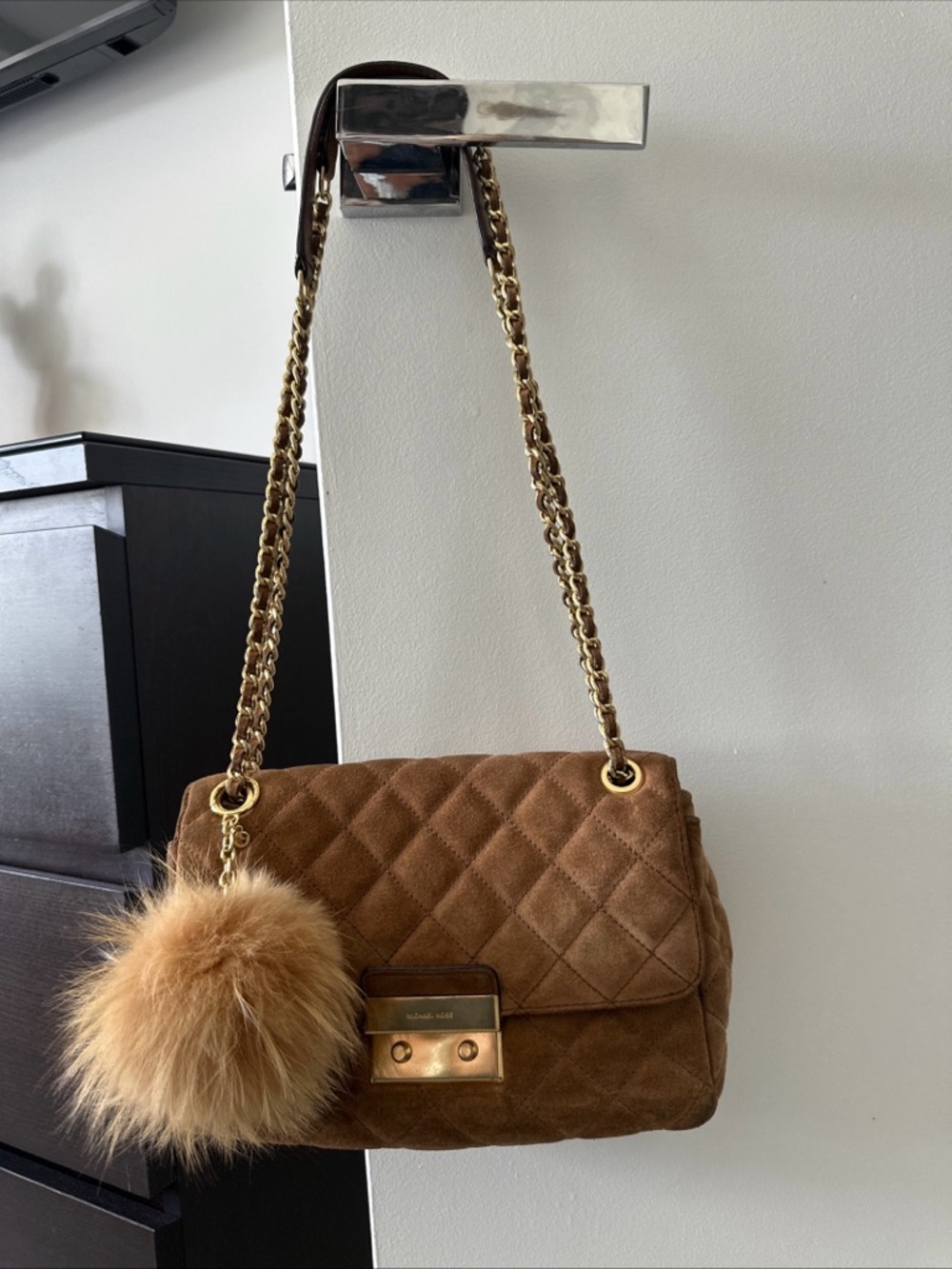 Michael Kors Quilted Brown Suede Shoulder Bag with Gold Chain